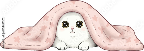 Adorable white kitten with big eyes peeking out from under a cozy pink blanket with flower pattern, creating a warm and heartwarming scene