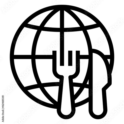 Logo restaurante comida internacional. Icono con globo terráqueo con cubiertos con líneas