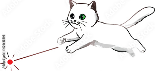 Playful Kitten Pursuing a Red Laser Dot with Energetic Leap and Focused Gaze, an Illustration of Feline Fun and Agility