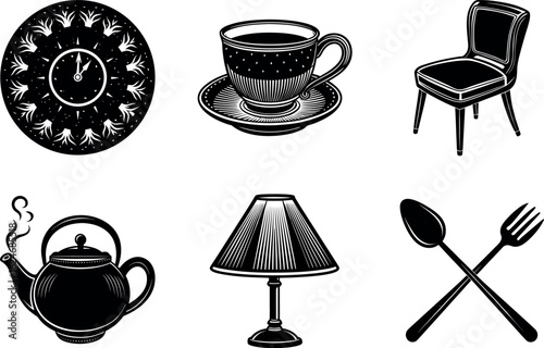Vintage clock cup chair teapot lamp spoon fork silhouetyte vector colection time