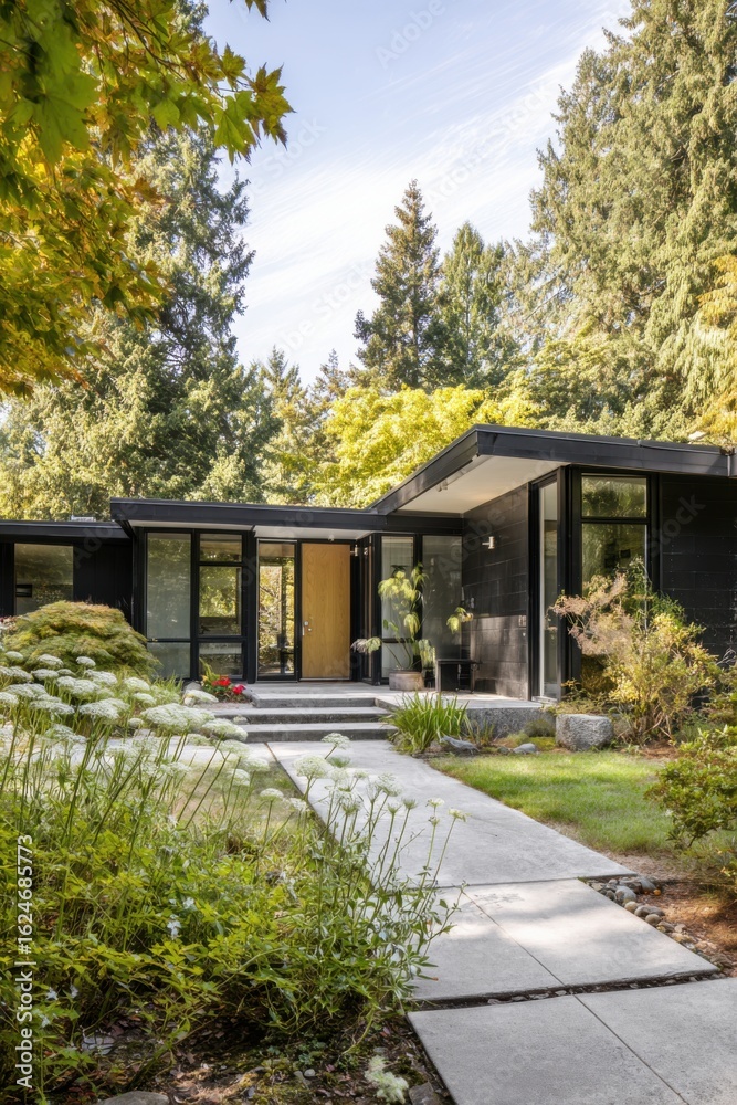 Fototapeta premium Modern architectural design creates an inviting entrance surrounded by lush greenery on a sunny day in a serene residential area