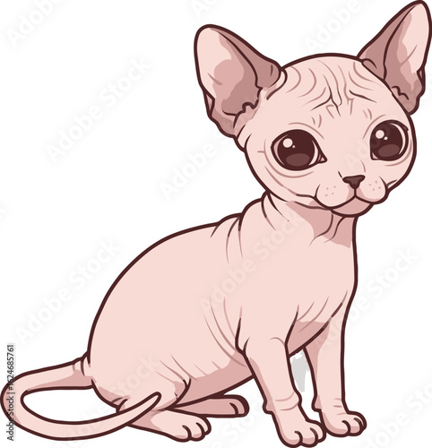 Adorable hairless Sphynx cat with big eyes sits calmly, showcasing its unique wrinkled skin and captivating gaze in a vector illustration