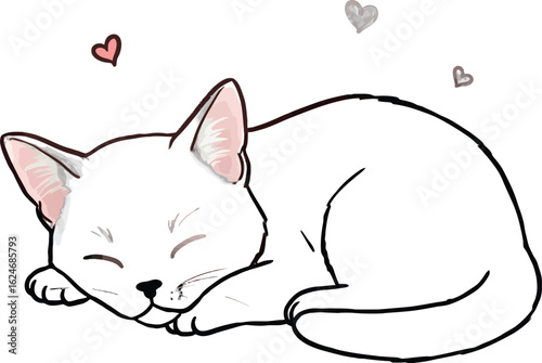 Adorable sleeping white kitten with pink ears and tiny hearts floating around in a dreamy illustration, showcasing innocence and tranquility
