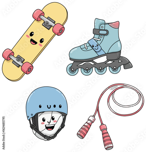 Cheerful Cartoon Sports Equipment Featuring a Skateboard, Roller Skate, Helmet and Jump Rope for Active Lifestyle Fun