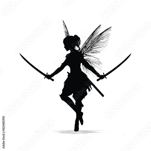 silhouette of a warrior fairy holding dual blades wings expanded and poised to strike vector style isolated on white background