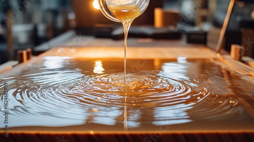 Pouring epoxy resin stream onto wooden table surface, golden transparent liquid creating flowing patterns, clear viscous material, woodworking craft, furniture making detail