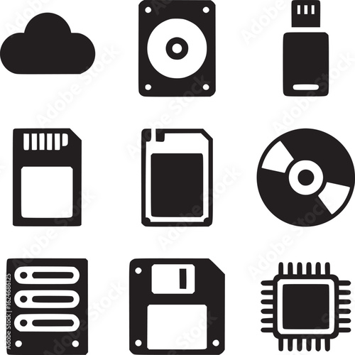 Vector art of set of data storage icons isolated on white background, including cloud, hard drive, usb flash drive, and memory card