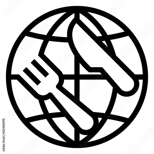 Logo restaurante comida internacional. Icono con globo terráqueo con cubiertos con líneas
