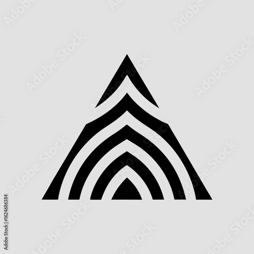 Abstract geometric black and white mountain peak with layered chevron shapes on a light gray background logo