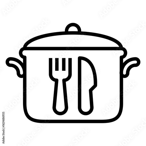 Logo restaurante. Icono silueta de olla con tapa y tenedor y cuchillo con líneas 