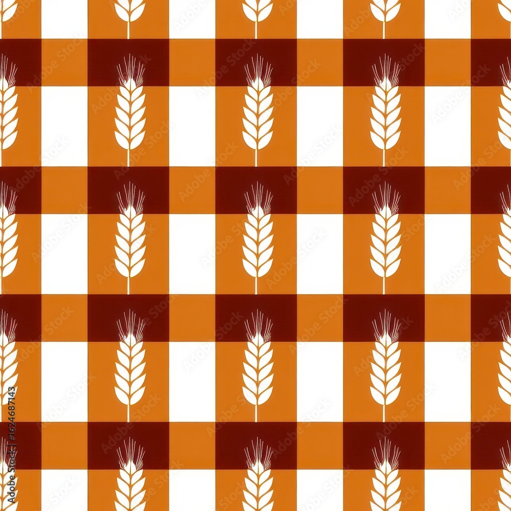 Fototapeta premium Seamless pattern featuring a checkered design with alternating orange and white squares, adorned with stylized wheat sheaves in a contrasting color.