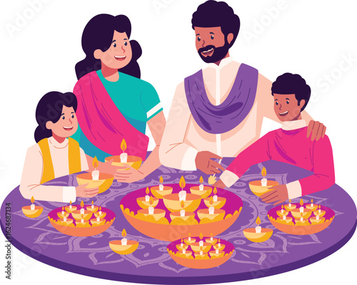 Happy family celebrating Diwali with children and birthday candles at home around food and cake