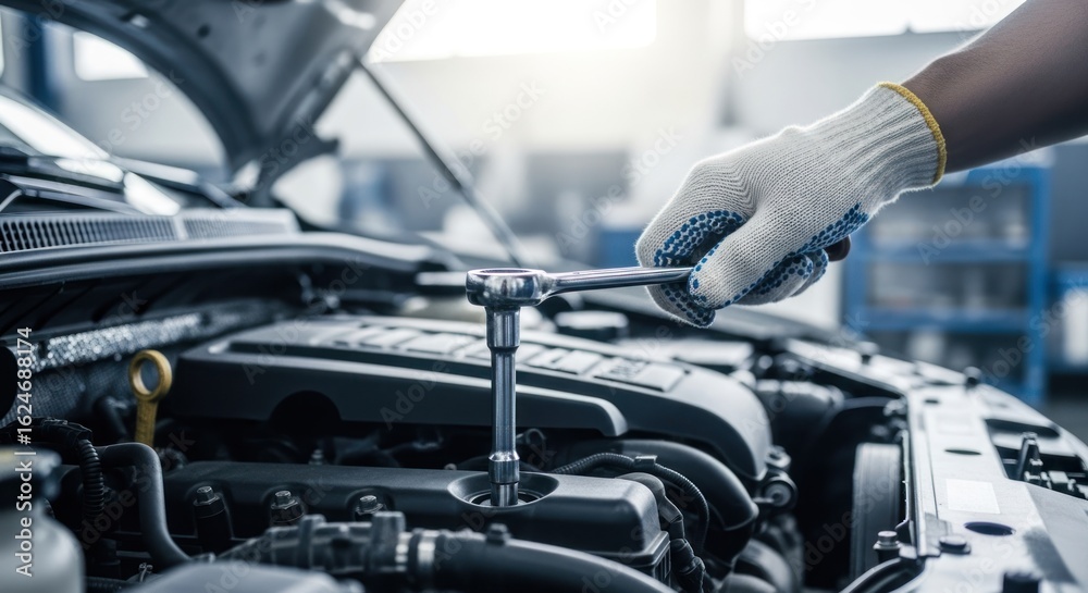 Obraz premium Mechanic working on engine, hand in glove, adjusting with wrench tool