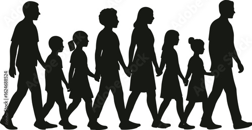 Silhouette of Family Walking Together, Generational Bonding, Outdoor Activity, Parenting Moments, Childhood, Unity, Togetherness, Family Values, Love, Connection