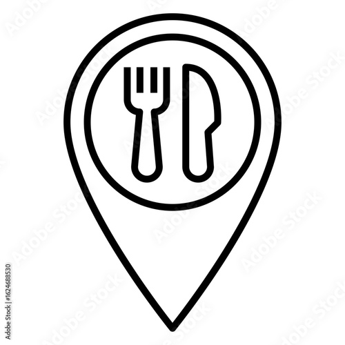 Logo buscar restaurante. Icono puntero de posición con cubiertos con líneas 