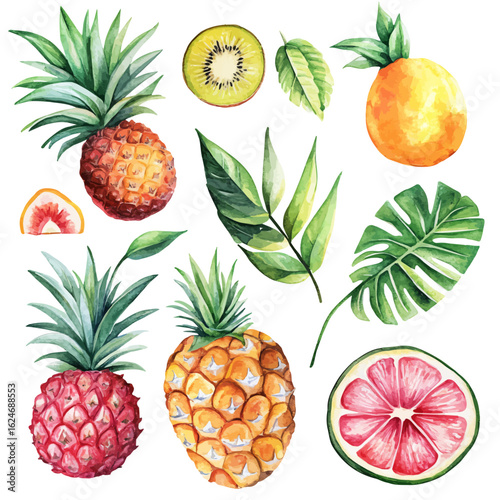 A watercolor tropical fruits and leaf illustration isolated on a white background, AI painting style, vector set available in EPS format. Hand painted watercolor design

