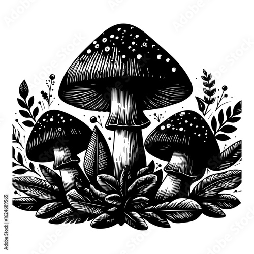 Black and White Illustration of Three Mushrooms with Leaves.