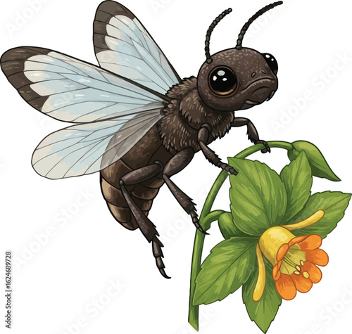 Cartoon illustration of a bug-eyed insect perched on a vibrant flower stem with leaves, showcasing detailed wings and a whimsical design, great for kids.