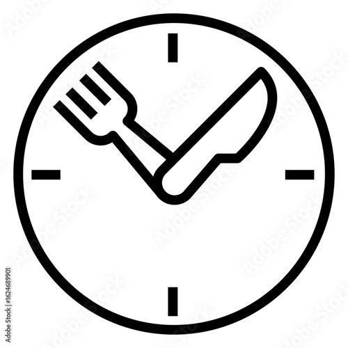 Reloj con cubiertos. Logo descanso para comer. Icono con esfera de reloj con tenedor y cuchillo con líneas como manecillas 