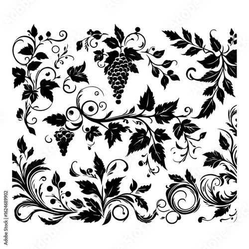 Black Grapevine Floral Swirls and Leaves Design.