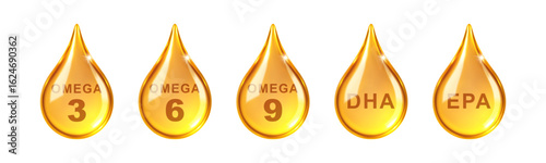 Golden oil drops with Omega 3, 6, 9, DHA, EPA. Natural fish oil, organic vitamin, nutrients. Vector illustration