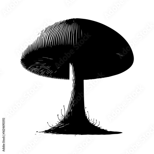Black Silhouette of a Mushroom with Gills.
