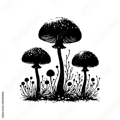 Black Silhouette of Three Mushrooms and Undergrowth.