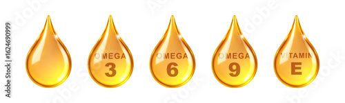 Golden oil drops with Omega 3, 6, 9 and Vitamin E. Natural fish oil, organic vitamin, nutrients. Vector illustration