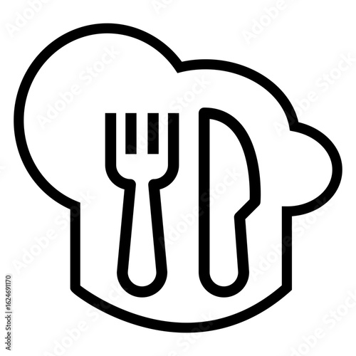 Logo restaurante. Icono con sombrero de chef con líneas y cubiertos	