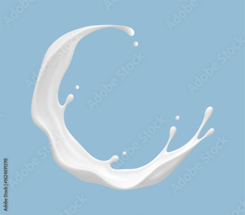 Realistic milk splash on blue background. Vector dairy concept