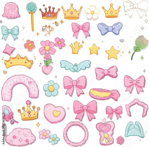 Cute pastel sticker set featuring crowns, bows, flowers, hearts, and magical elements for scrapbooking, crafts and digital designs.