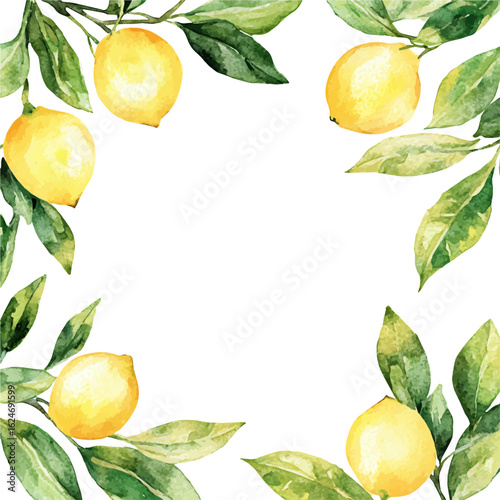 A watercolor spring foliage frame with citron leaves and lemon isolated on a white background, AI painting style, vector set available in EPS format. Hand-painted watercolor design, vectorized