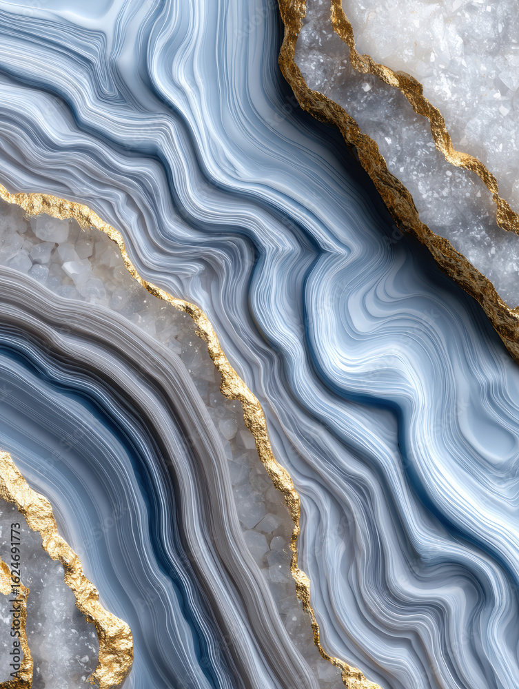 Fototapeta premium Artistic resin geode pattern featuring flowing blue and white waves with golden edges, creating stunning visual effect