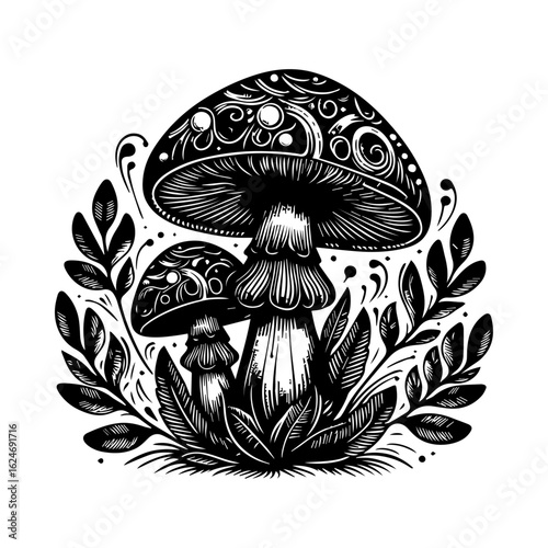 Ornate Black and White Mushroom Illustration with Foliage.