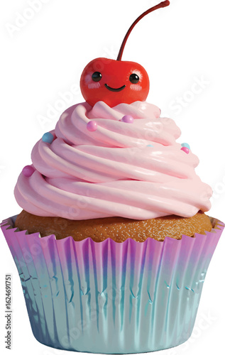 Whimsical cupcake with pink frosting, colorful sprinkles, and a cute cherry with a smile, all in a vibrant wrapper