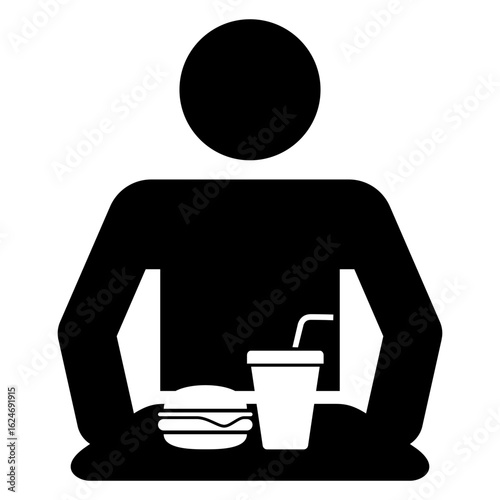 Logo Fast Food. Icono silueta con hombre con bandeja con hamburguesa y bebida
