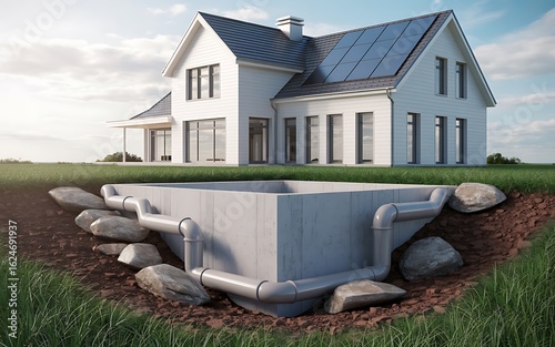 Cutaway view of a house with a concrete underground septic tank and connected pipes image photo