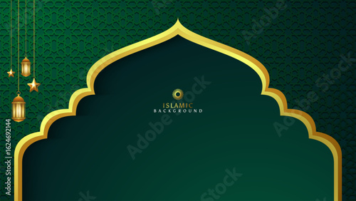 Dark green Islamic background with gold motifs and hanging lights