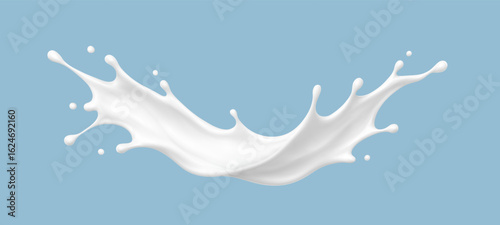Realistic milk splash wave on blue background. Vector dairy or cosmetic concept