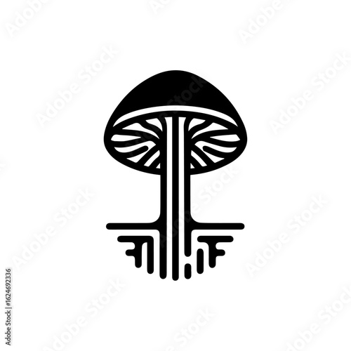 Stylized Black Mushroom with Intricate Gills and Roots.