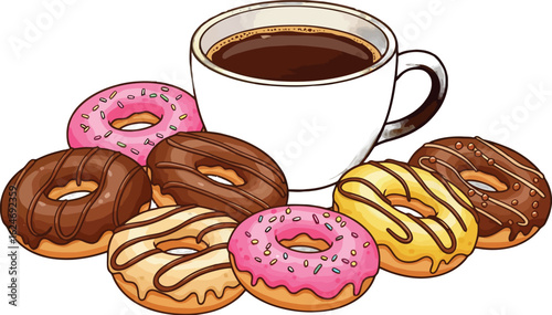 An illustration of a cup of coffee surrounded by an assortment of colorful donuts with various toppings and frosting designs, arranged in a tempting display.
