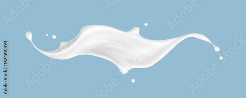 Realistic milk splash wave on blue background. Vector dairy concept