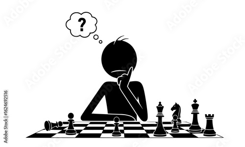 Stick figure contemplating chess move isolated on white background