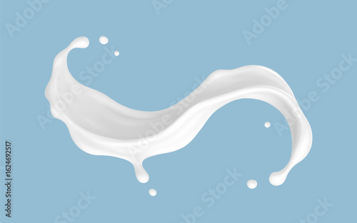 Realistic milk splash wave on blue background. Vector dairy concept