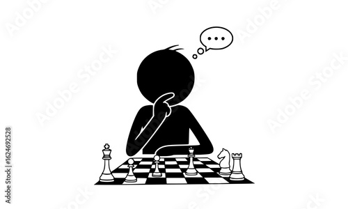Stick figure thinking about chess strategy, isolated on white background