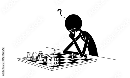 Stick figure contemplating a chess game, isolated on white background
