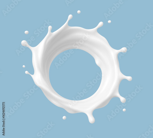 Realistic milk splash on blue background. Vector dairy concept
