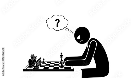 A single person contemplating a chess move with a question mark in a thought bubble, isolated on white background