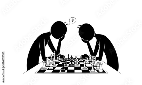 Two people concentrating intensely while playing a game of chess, isolated on white background