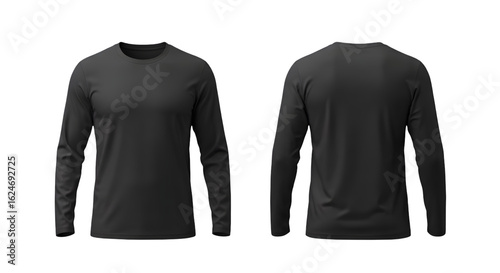 Mockup Black Long Sleeve Shirts Front and Back View Isolated on Transparent Background Fashionable Apparel and Casual Style Plain Garment